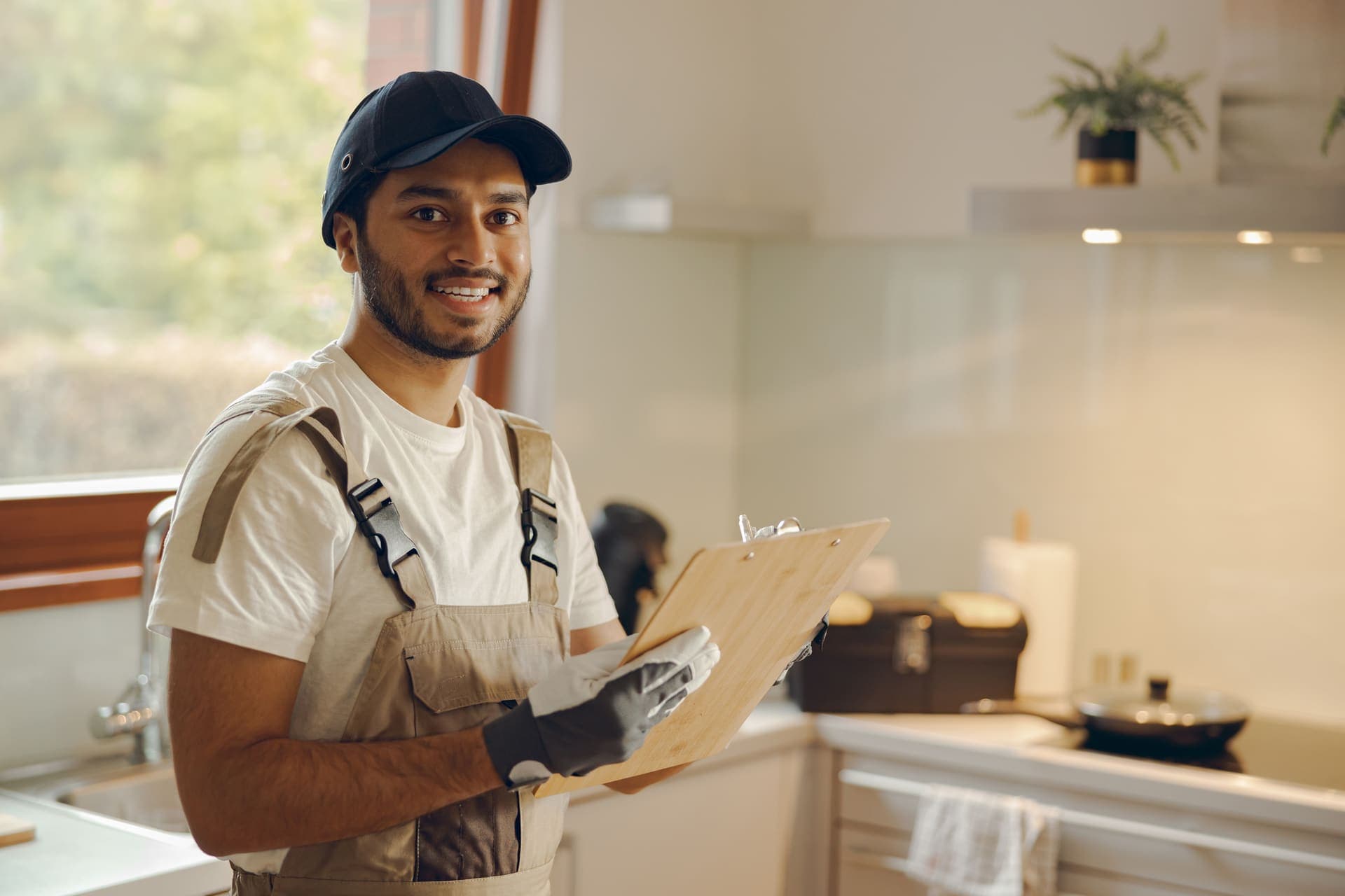 A smiling technician with a clipboard in a bright kitchen
